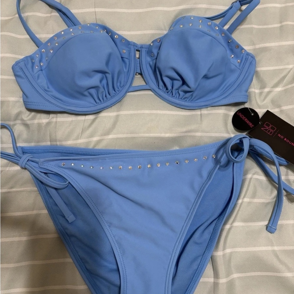 NWT Blue Blingy No Boundaries Bikini Swim Bathing Suit Top & Bottom Size M (7-9)